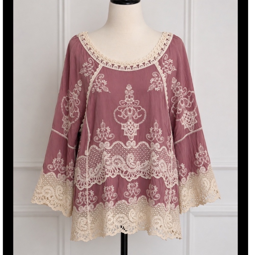 Democracy Women Pink Boho Embroidered Cold Shoulder Lace Top L Romantic Feminine